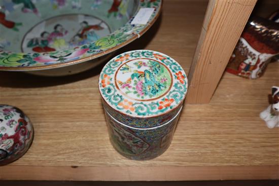 A 19th century Chinese famille rose basin, two jars and covers and a vase diameter 38cm